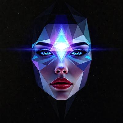 The primary subject of the image is a close-up of a woman's face, with a focus on her eyes. The setting is a dark background, which contrasts with the bright blue eyes of the woman. The visual style is a digital art or illustration, creating a unique and eye-catching representation of the woman's face. The colors and mood of the image are predominantly blue, giving it a cool and mysterious atmosphere.